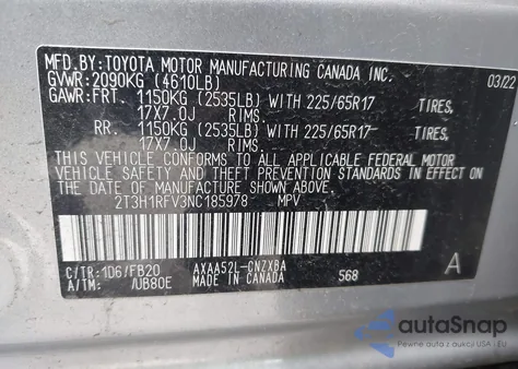 2022 Toyota Rav4 Le from USA, damaged, VIN 2T3H1RFV3NC185978